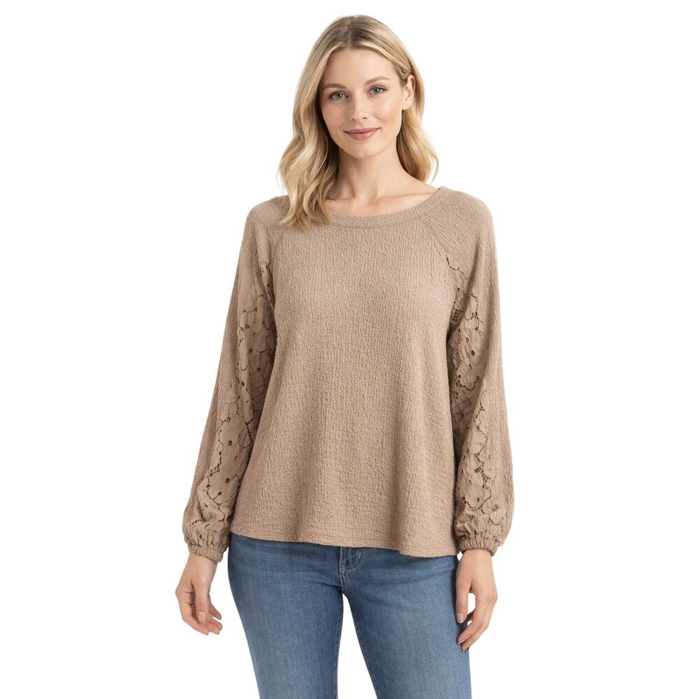 Absolutely Famous Taupe Textured Lace Sleeve Top Size Large NWT